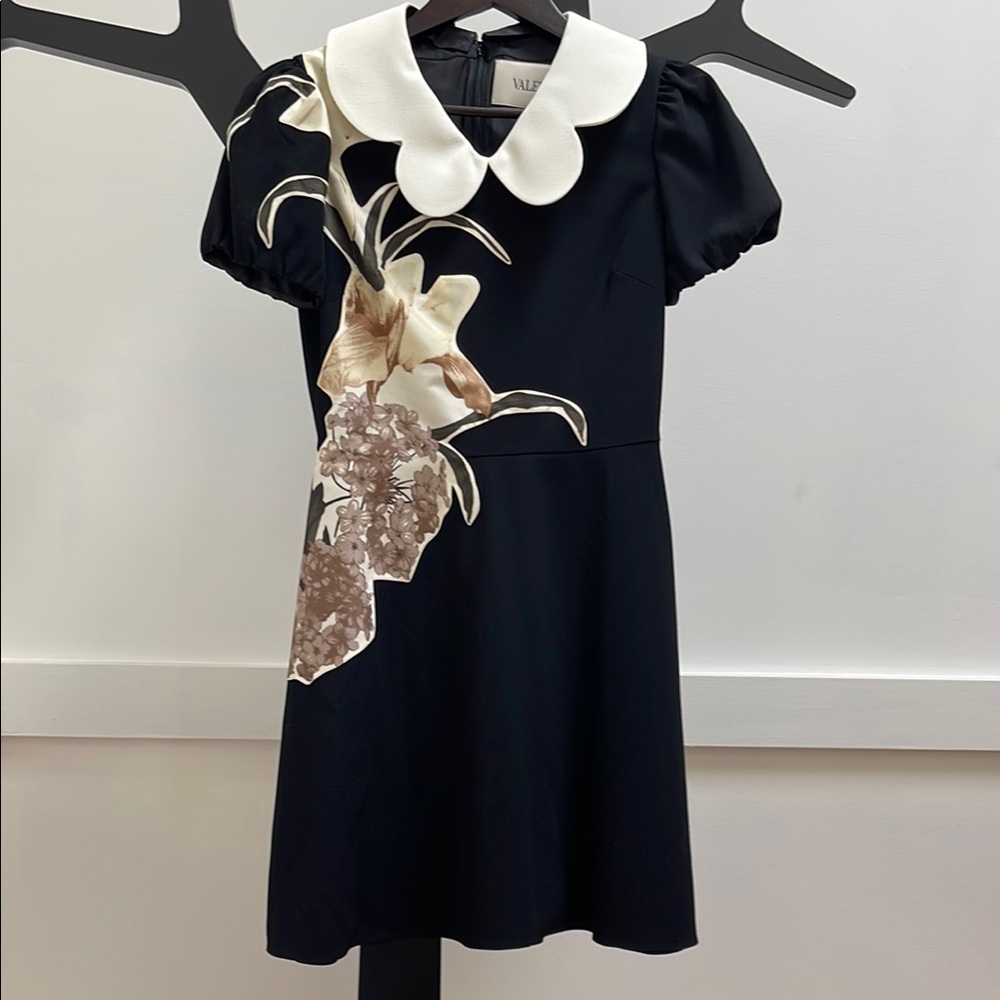 Valentino Black Dress Puff Sleeves Patchwork Flowers Big Collar Sz 38 Xs New